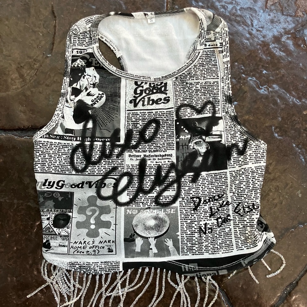 Disco Elysium Women's Newspaper Print cropped Top with beaded Fringe